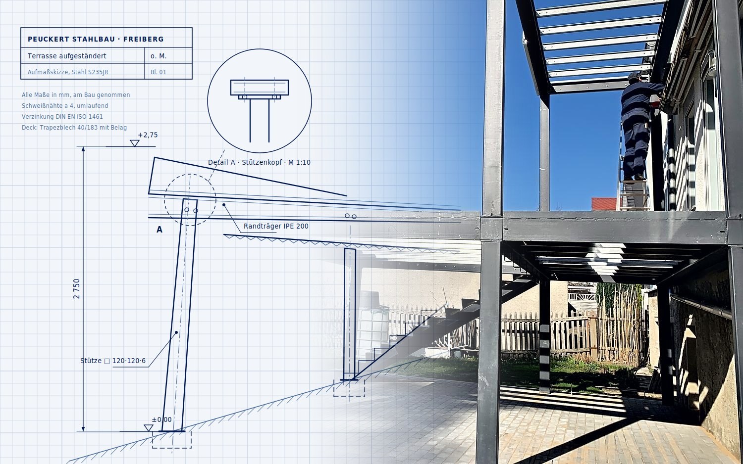 Technische Ansicht einer aufgeständerten Stahlterrasse, die nach rechts in das ausgeführte Bauwerk übergeht